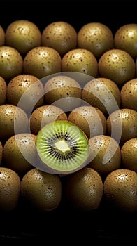 Isolated kiwi wedge among a collection of whole, ripe kiwis