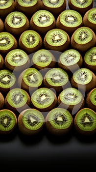 Isolated kiwi wedge among a collection of whole, ripe kiwis