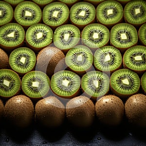 Isolated kiwi wedge among a collection of whole, ripe kiwis