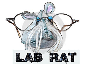 Isolated lab rat with very big glasses and blue button eyes . Laboratory rat concept illustration . Ratty Mouse in science