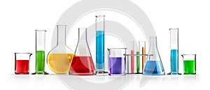 Isolated different laboratory glassware with colored liquids