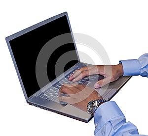 Isolated Laptop Showing Man`s Hands on Keyboaard