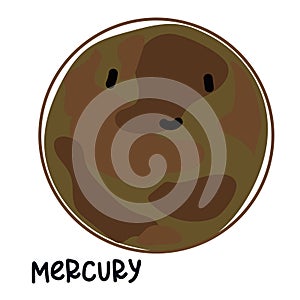 Isolated large colored planet mercury with a face and signature. Cartoon vector illustration of a cute smiling