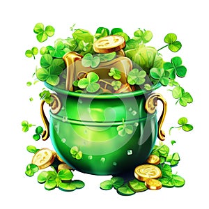 Isolated Large Green and Gold Cauldron full of Cloversand gold