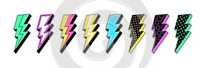 Isolated Lightning bolt signs. 4st set of flash thunderbolts with texture for zine retro culture