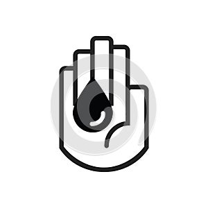 Isolated line hand symbol holding black oil drop sign icon on white