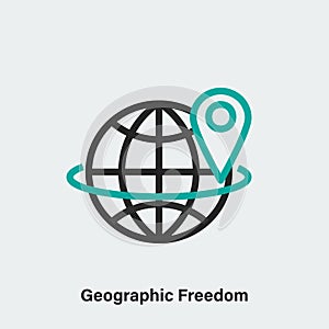 Isolated linear pictogram of globe with pin. Geographic freedom outline vector icon on light grey background