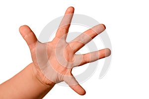 Isolated little baby hand shows different gestures on a white background