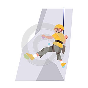 Isolated little child cartoon character wearing harness and safety helmet climbing artificial cliff