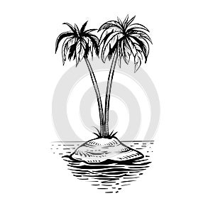 Isolated little island with palm tree, vector sketch.