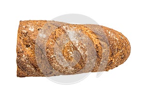 Isolated loaf of whole grain bread on white background with clipping path. Baked waste concept. Close-up, top view