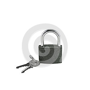 Isolated locked textural brown padlock with a bunch of three keys on a white background. Top view