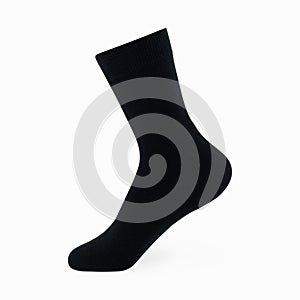 Isolated long black men`s sock on invisible mannequin foot on white background, side view. photo