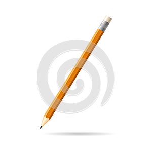 Isolated long orange pencil with shadow on white background.