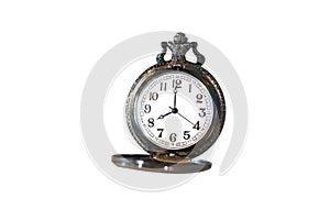 Isolated luxury vintage black pocket watch on white background, , abstract for time concept