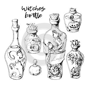 Isolated magic bottle jars set with liquid potions for transformations