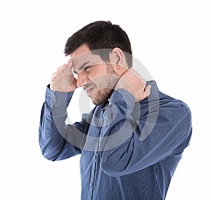 Isolated man in blue shirt with pains in the neck.