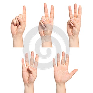 Isolated man hands show the number one, two, three, four, five