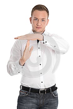 Isolated man making timeout sign with hands.