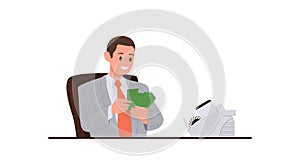 Isolated man office worker cartoon character counting money cash financial revenue at workplace