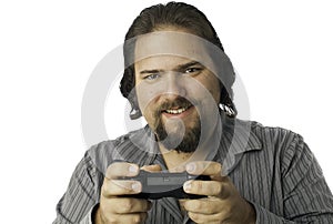 Isolated man with video game controller