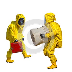 Isolated man in yellow protective hazmat suit