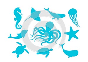 Isolated marine animals outline vector set