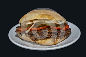 Isolated meat dÃ¶ner sandwich or SandviÃ§ dÃ¶ner, on plate