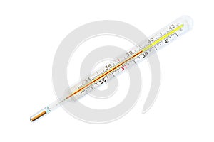 Isolated medical/clinical mercury thermometer showing high temperature