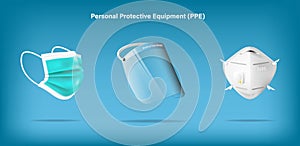 Isolated medical personal protective equipment on background. Pandemic covid-19 virus and protection coronavirus concept. Vector