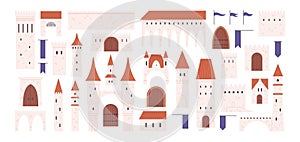 Isolated medieval castle constructor. Fortress, towers castles elements. Childish paper game, old architecture. Flags