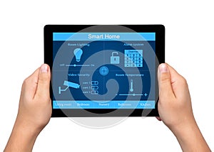 Isolated men hands hold a tablet with system smart house on the