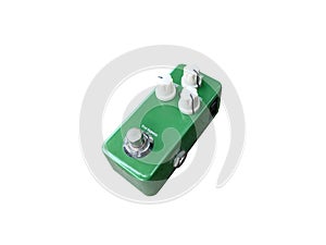 Isolated metallic green true bypass chorus stompbox electric guitar effect for studio and stage performed on white background