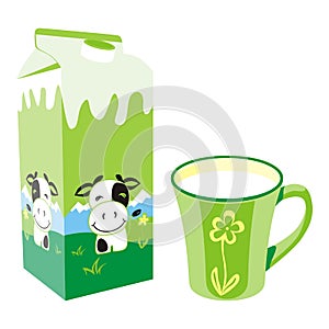 Isolated milk carton box and mug