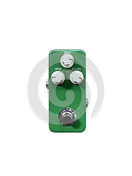 Isolated mini boutique sparkle green and black knob chorus stomp box electric guitar effect on white background.