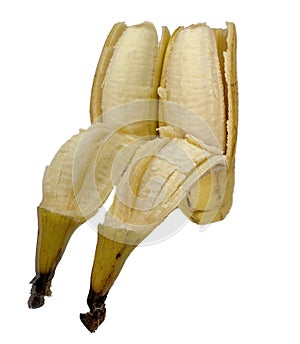 Isolated mirror image shows banana & peeling or imagine two people together on recliner furniture chairs.
