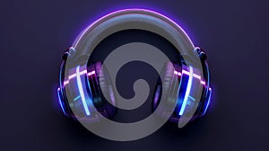 An isolated modern 3D DJ headset with neon lights and a black headset icon. A mockup of a portable wireless phone device