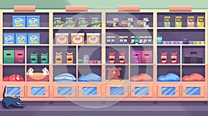 Isolated modern cartoon clipart of a pet shop interior with toys and food. Doggy sleep and mouse carriers.