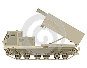 Isolated modern combat vehicle MLRS M270 HIMARS. Multiple launch rocket system. Military missile tactical artillery