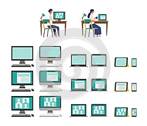 Isolated modern flat vector illustration of various office equipments. Teleconference via monitor, laptop, tablet , smart phone,