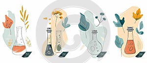 Isolated modern illustration of 6 Chemistry test tubes, different shapes flasks. Collection of Hand drawn bulb and