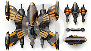 Isolated modern illustration of jetpack with fire and yellow stripes on wings. Jetpack is futuristic mechanical turbo