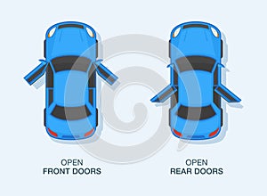 Isolated modern sedan car with rear and front doors open. Top view.