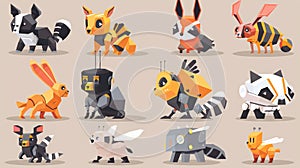 Isolated Modern set of animal robotics robots, cyborgs hare, beaver, boar and raccoon. Cartoon robotic characters