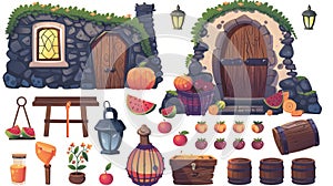 Isolated modern set of fantasy house of dwarf or hobbit. Cartoon fairytale dwelling in hillock, cottage, lantern photo