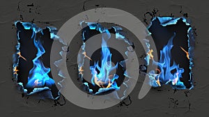An isolated modern set of scorched and smoldering torn edges with magic flame on blue fire, isolated on transparent