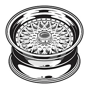 Isolated monochrome illustration of car wheel rim photo