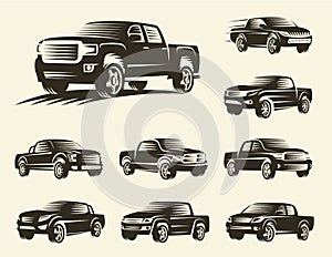 Isolated monochrome pickup trucks logo set, cars logotypes collection, black color automotive vehicle vector