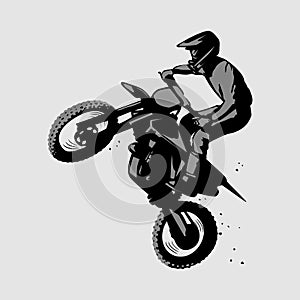 Isolated motocross jumping sillhouette black white photo