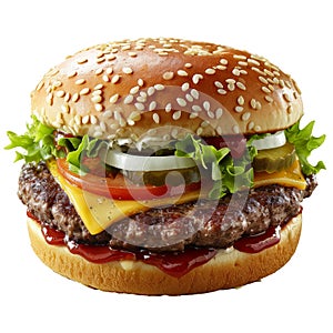 Isolated mouthwatering Burger with cooked beef melted cheese tomato pickles onions salad between white bread with sesame seeds